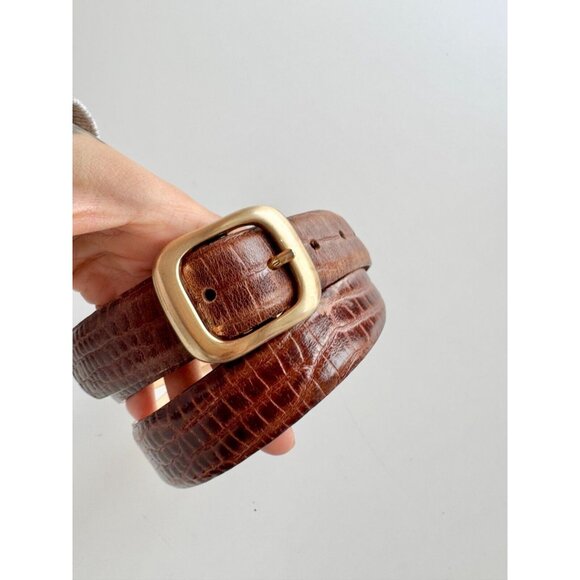 DANIER Brown Croc Embossed Leather Brushed Gold Buckle Hip Belt, Size M - Picture 7 of 14